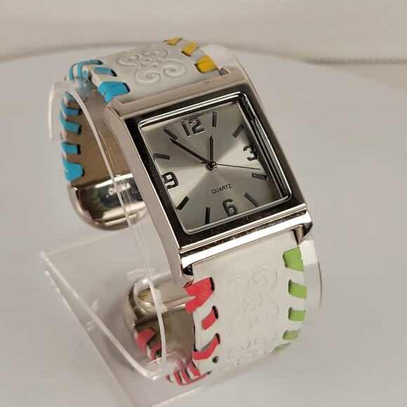 Silver Quartz Watch with Embossed Cuff White Leather Strap and Multicolor Design - Picture 5 of 16